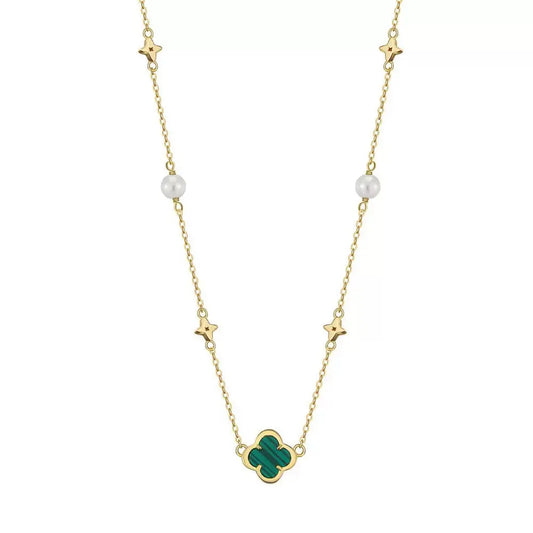 Shell Pearls Malachite 14K Gold Plated 925 Sterling Silver Pendant Necklace TQ