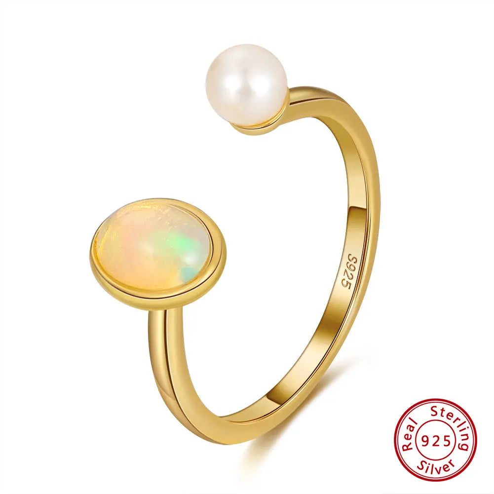 Genuine Natural Opal 14K Gold Plated 925 Sterling Silver Adjustable Ring TWINKLE QUEEN