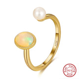 Genuine Natural Opal 14K Gold Plated 925 Sterling Silver Adjustable Ring TWINKLE QUEEN