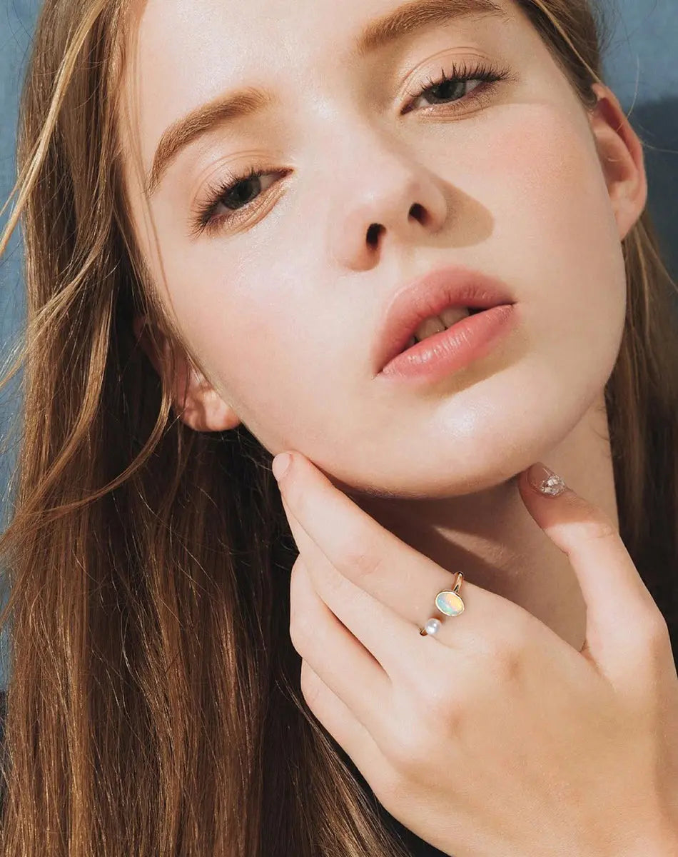 Genuine Natural Opal 14K Gold Plated 925 Sterling Silver Adjustable Ring TWINKLE QUEEN