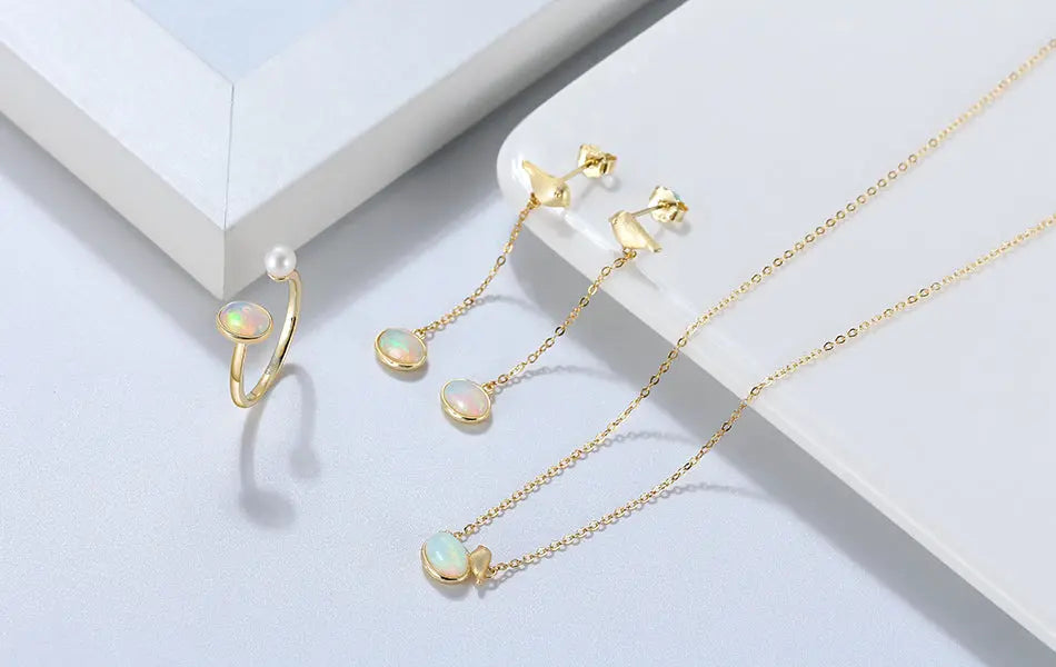 Genuine Natural Opal 14K Gold Plated 925 Sterling Silver Adjustable Ring TWINKLE QUEEN