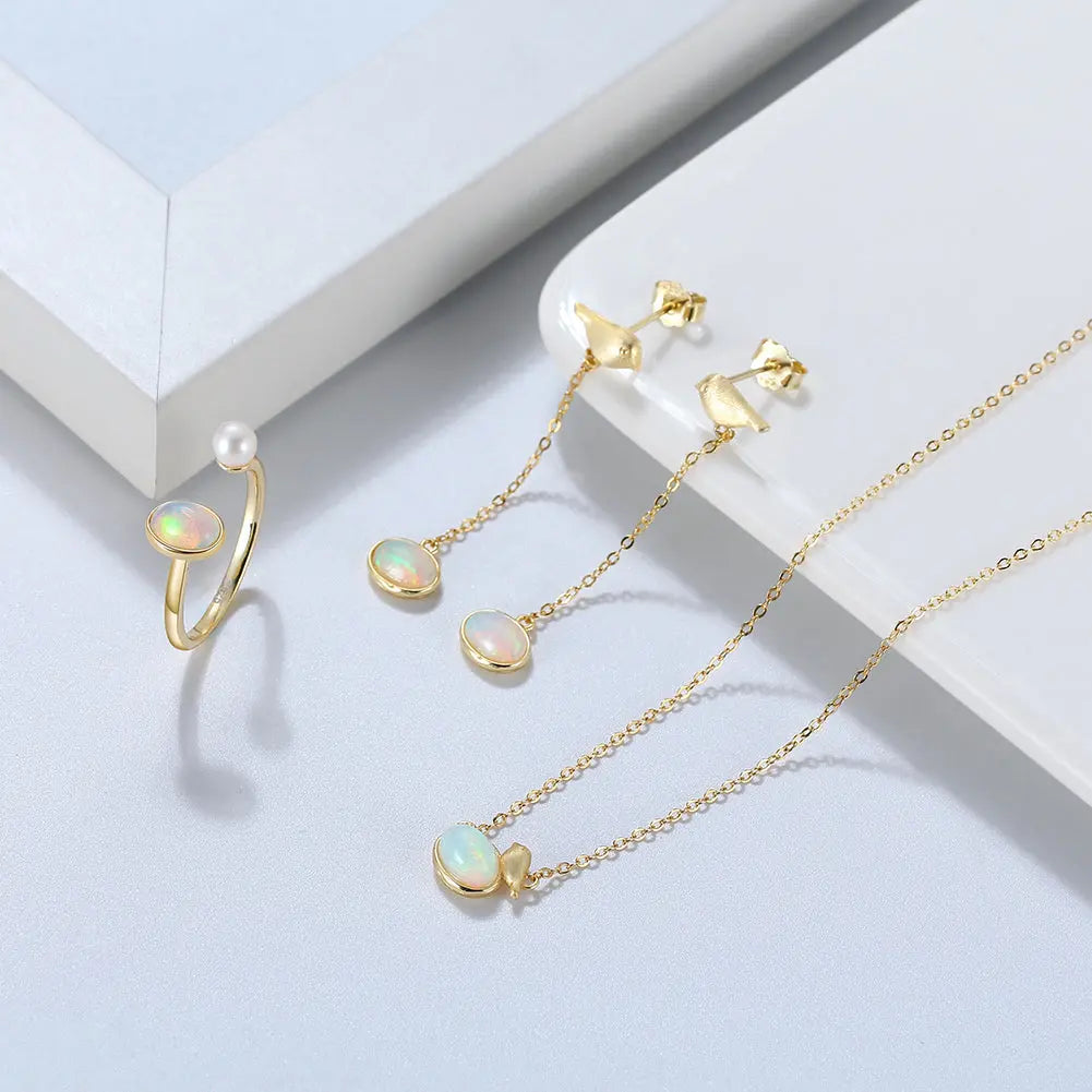 Genuine Natural Opal 14K Gold Plated 925 Sterling Silver Adjustable Ring TWINKLE QUEEN