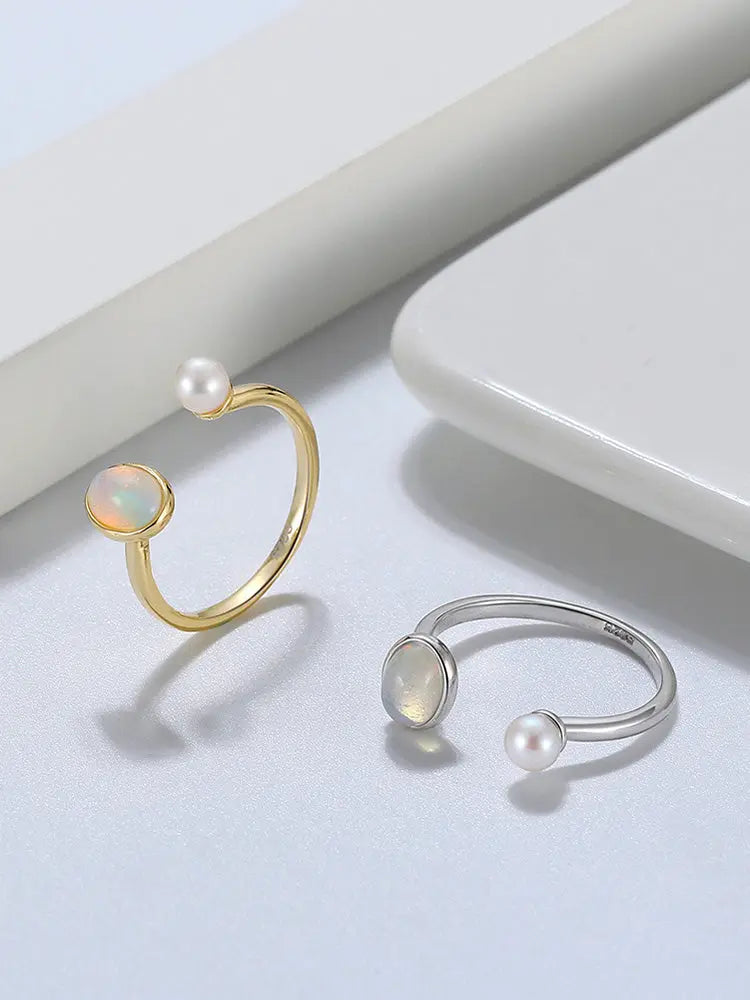 Genuine Natural Opal 14K Gold Plated 925 Sterling Silver Adjustable Ring TWINKLE QUEEN