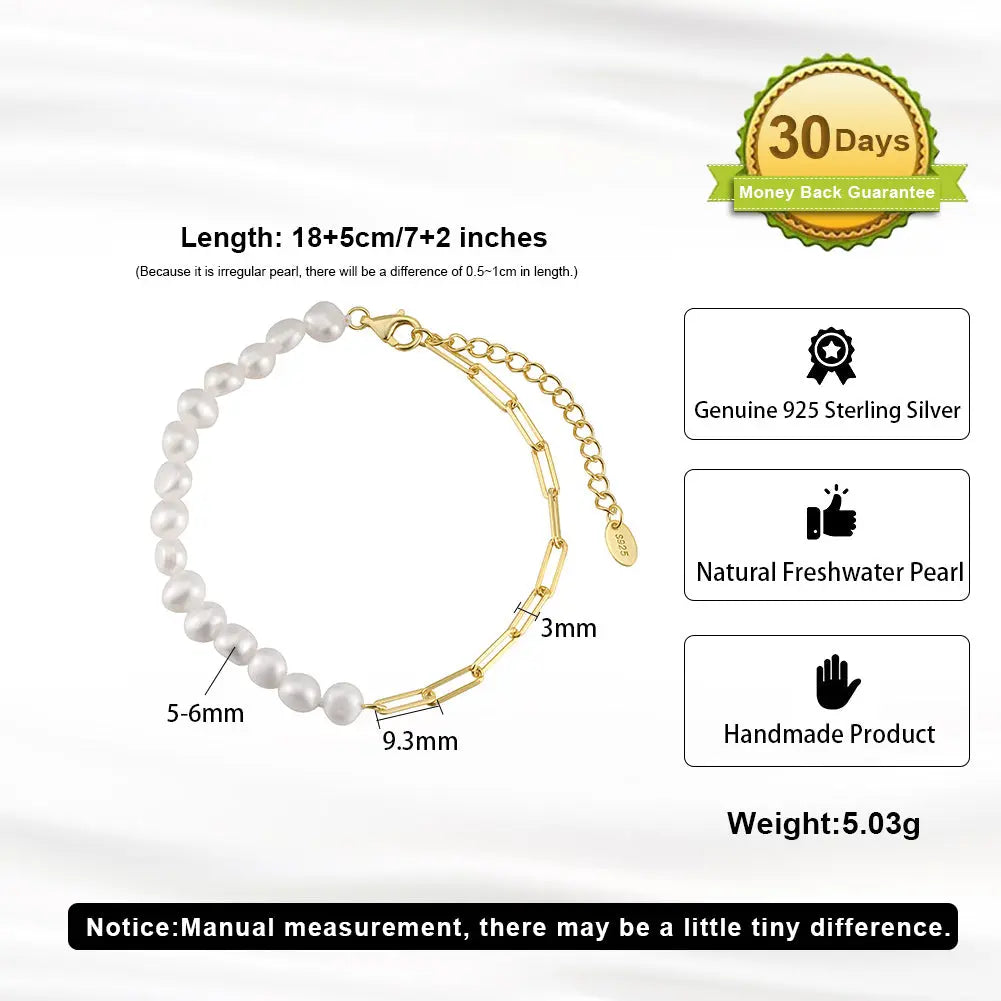 Cultured Freashwater Pearl 14K Gold Plated 925 Sterling Silver Extension Paper Clip Bracelet TQ