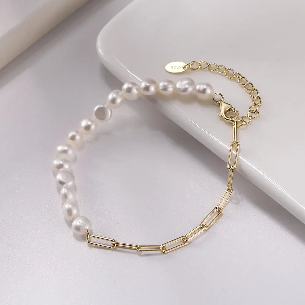 Cultured Freashwater Pearl 14K Gold Plated 925 Sterling Silver Extension Paper Clip Bracelet TQ