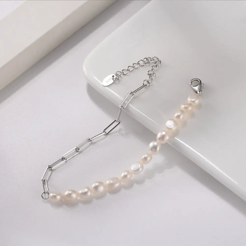 Cultured Freashwater Pearl 14K Gold Plated 925 Sterling Silver Extension Paper Clip Bracelet TQ