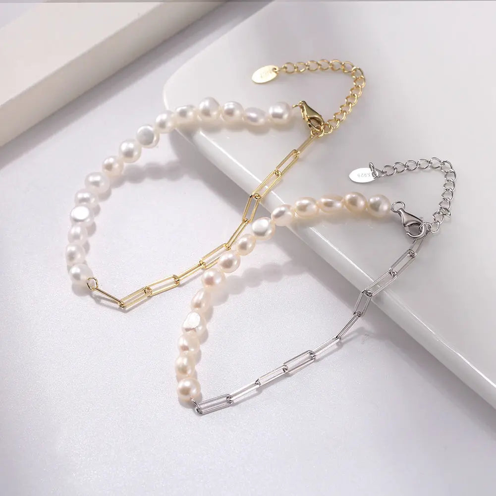 Cultured Freashwater Pearl 14K Gold Plated 925 Sterling Silver Extension Paper Clip Bracelet TQ