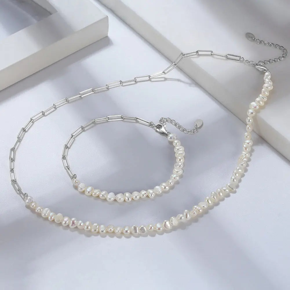 Cultured Freashwater Pearl 14K Gold Plated 925 Sterling Silver Vintage Paper Clip Necklace TQ