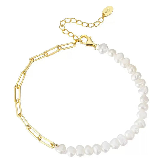Cultured Freashwater Pearl 14K Gold Plated 925 Sterling Silver Extension Paper Clip Bracelet TQ