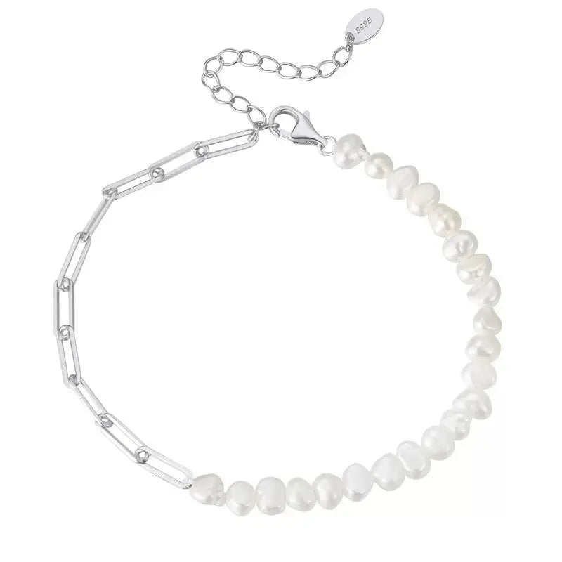 Cultured Freashwater Pearl 14K Gold Plated 925 Sterling Silver Extension Paper Clip Bracelet TQ