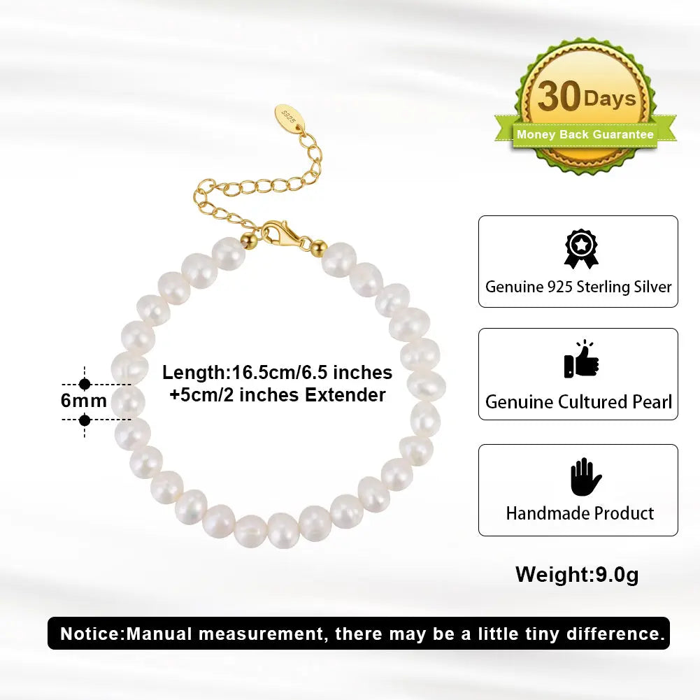 Cultured Freashwater Pearl 14K Gold Plated 925 Sterling Silver Fully Round Beaded Bracelet TQ