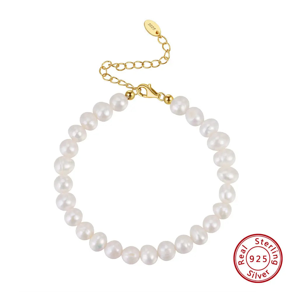 Cultured Freashwater Pearl 14K Gold Plated 925 Sterling Silver Fully Round Beaded Bracelet TQ