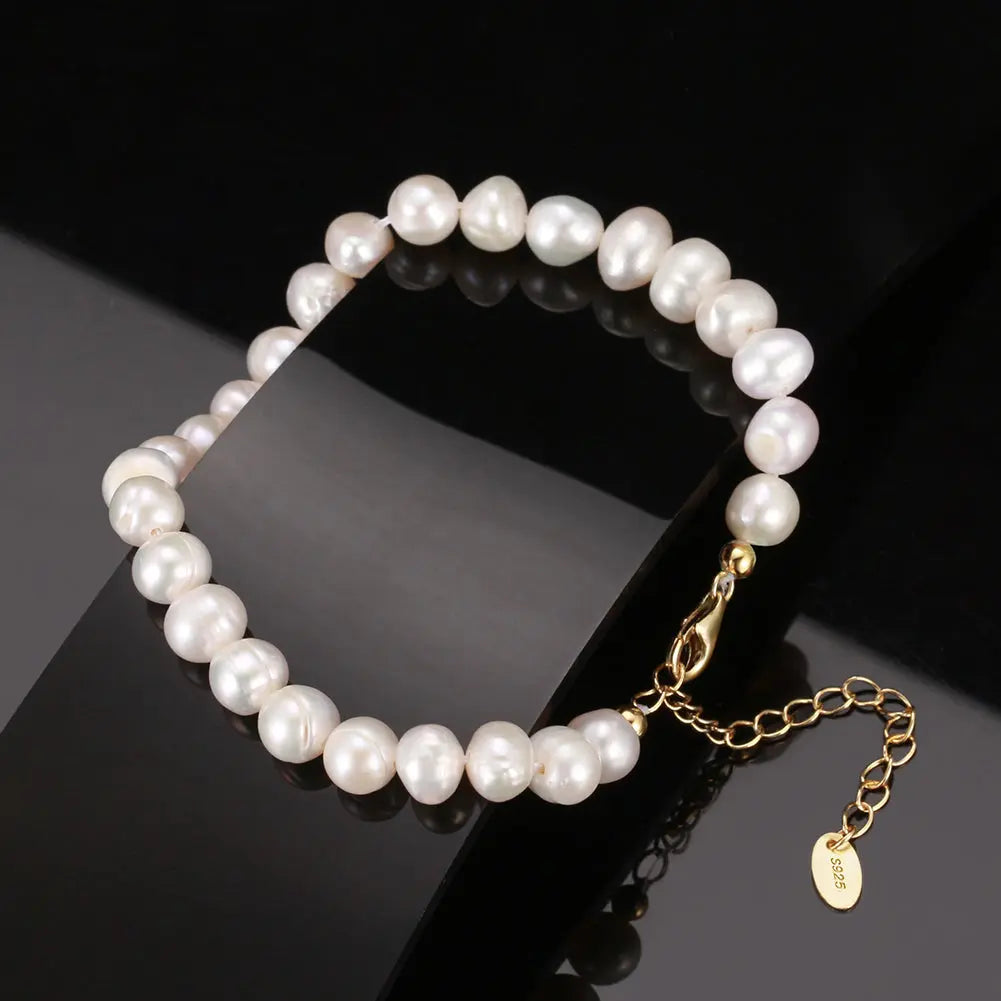 Cultured Freashwater Pearl 14K Gold Plated 925 Sterling Silver Fully Round Beaded Bracelet TQ