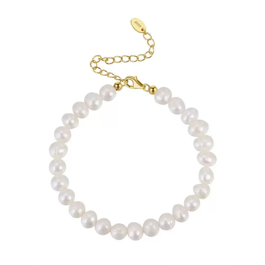 Cultured Freashwater Pearl 14K Gold Plated 925 Sterling Silver Fully Round Beaded Bracelet TQ