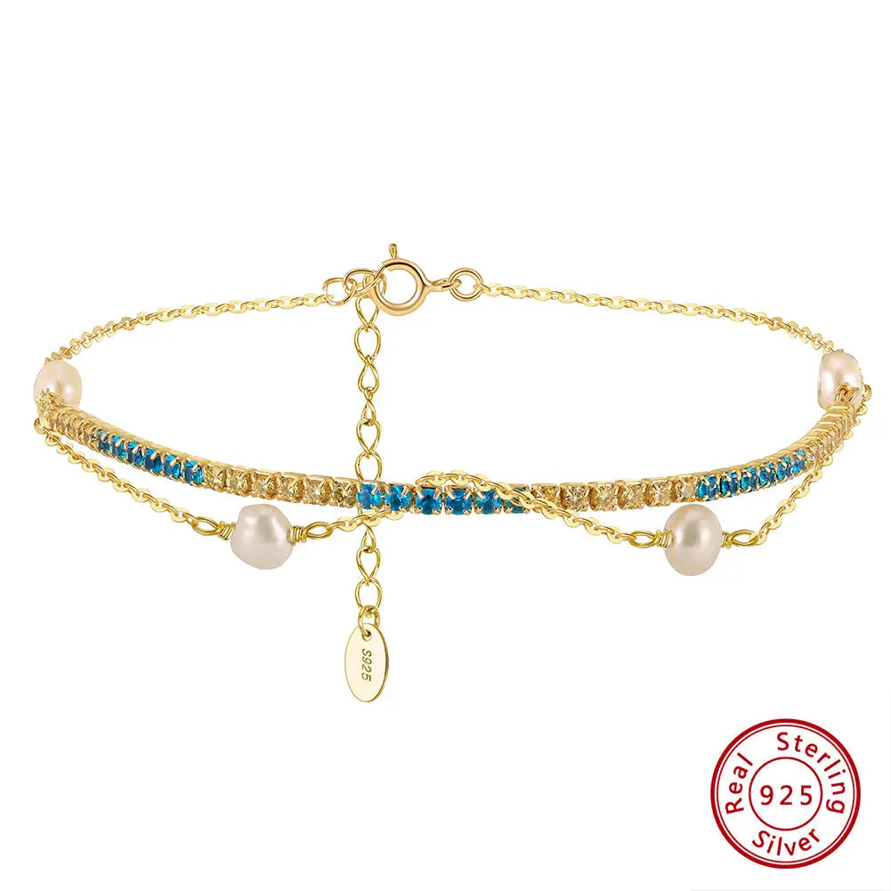 Cultured Freshwater Pearl 14K Gold Plated 925 Silver Ocean Blue Tennis Bracelet TQ