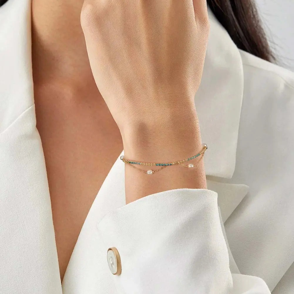 Cultured Freshwater Pearl 14K Gold Plated 925 Silver Ocean Blue Tennis Bracelet TQ
