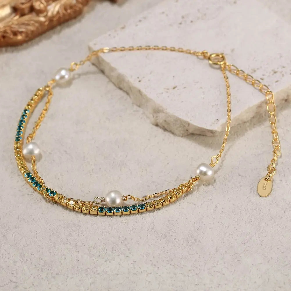 Cultured Freshwater Pearl 14K Gold Plated 925 Silver Ocean Blue Tennis Bracelet TQ