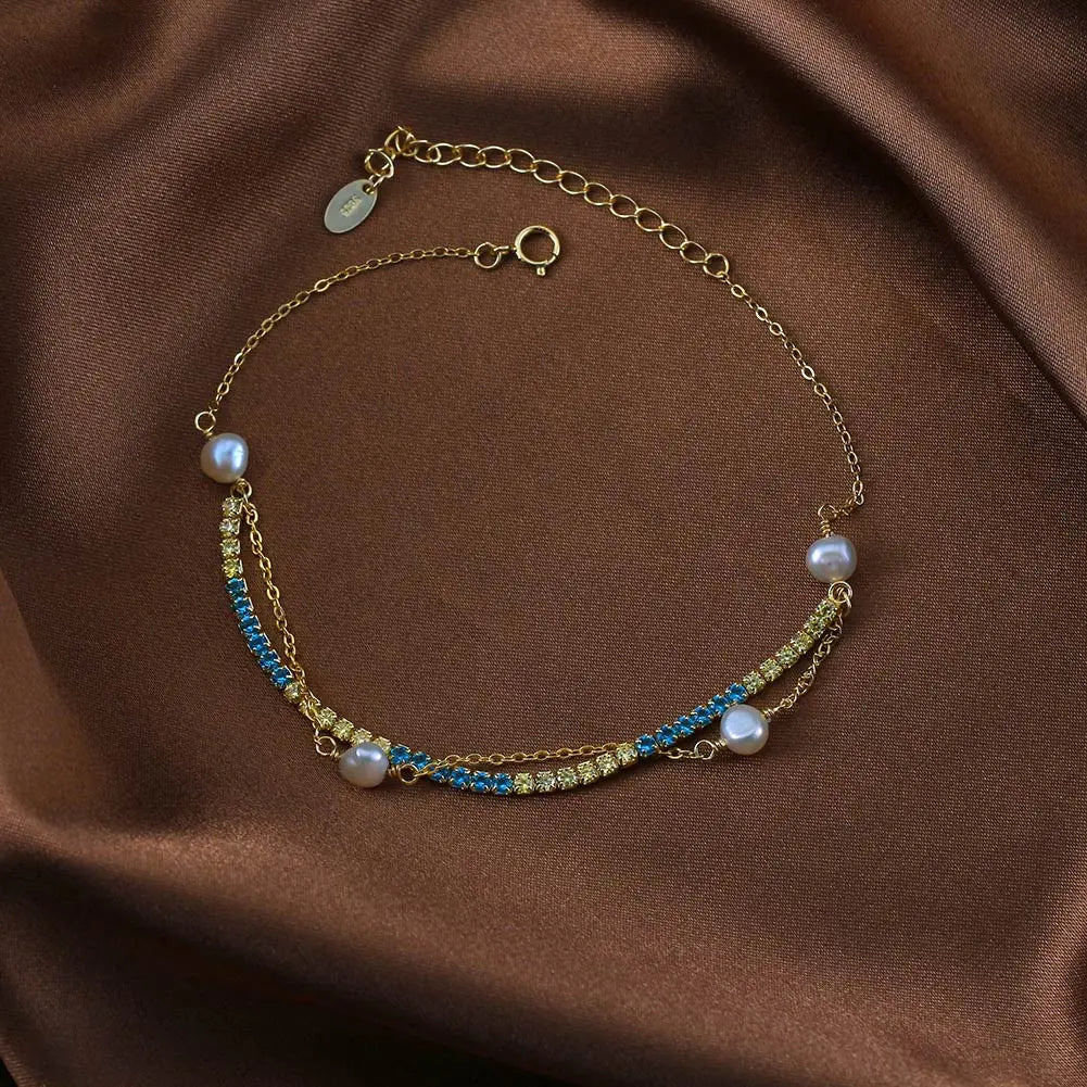Cultured Freshwater Pearl 14K Gold Plated 925 Silver Ocean Blue Tennis Bracelet TQ