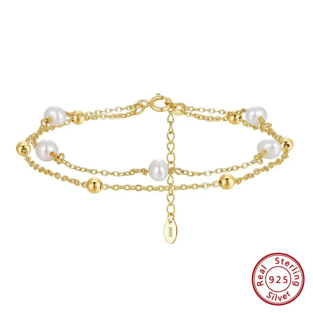 Cultured Freshwater Pearl 14K Gold Plated 925 Sterling Silver Stacking Bracelet TQ