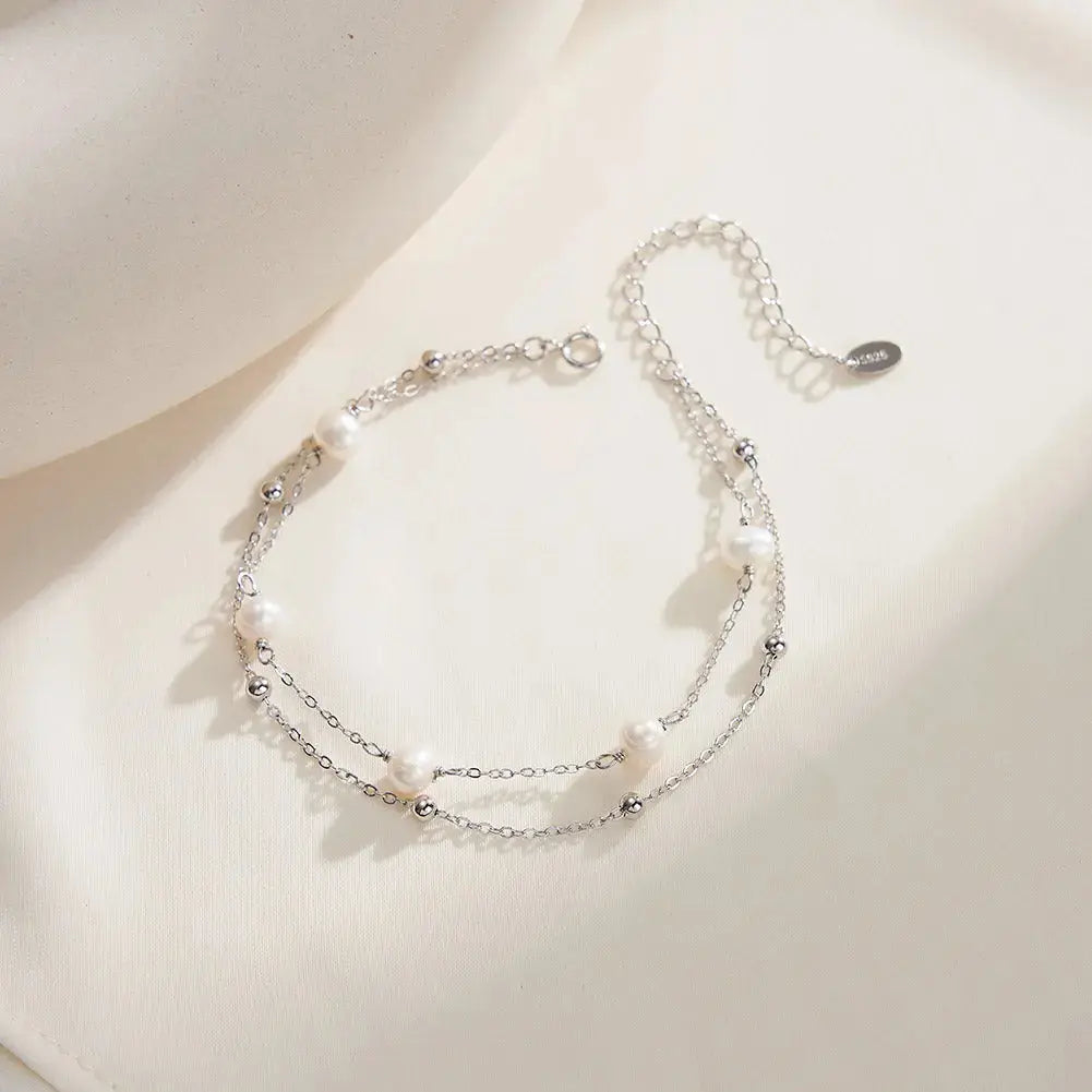 Cultured Freshwater Pearl 14K Gold Plated 925 Sterling Silver Stacking Bracelet TQ