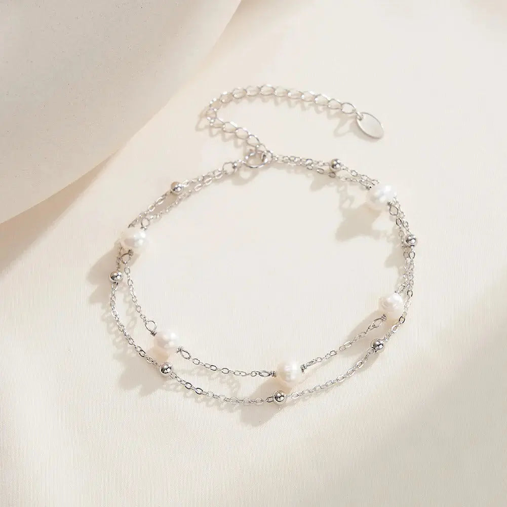 Cultured Freshwater Pearl 14K Gold Plated 925 Sterling Silver Stacking Bracelet TQ
