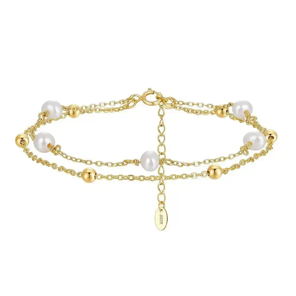 Cultured Freshwater Pearl 14K Gold Plated 925 Sterling Silver Stacking Bracelet TQ