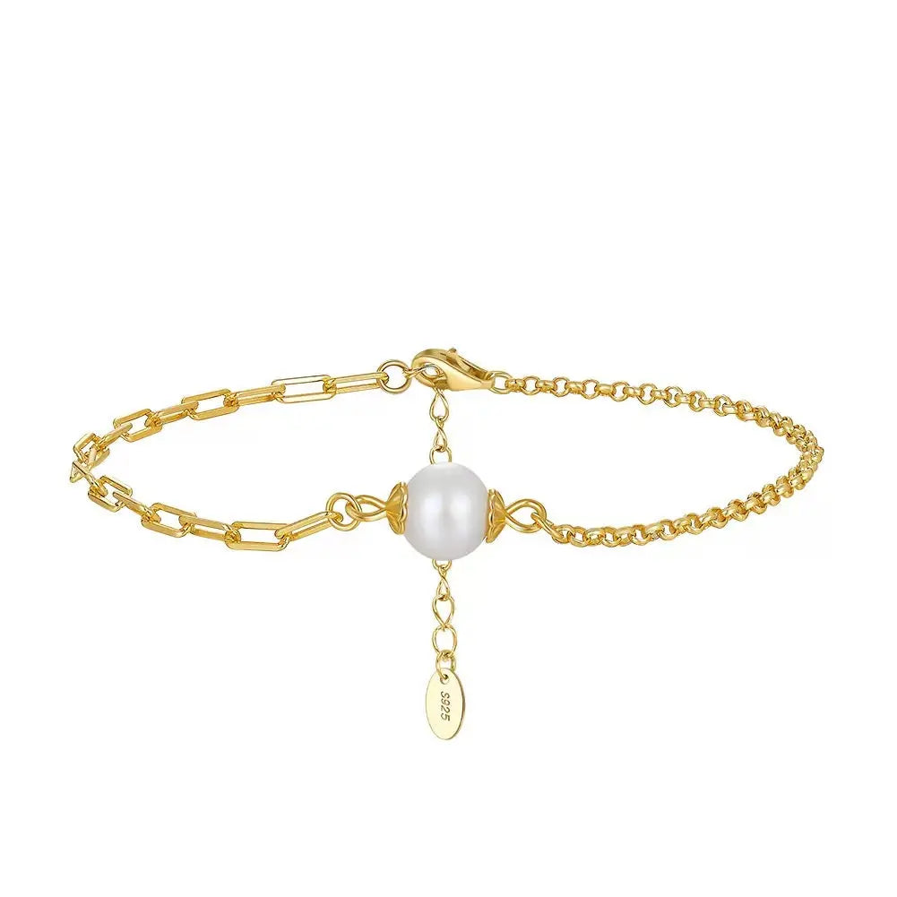 Cultured Freshwater Pearl 14K Gold Plated 925 Sterling Silver Paperclip Necklace Bracelet Set TQ