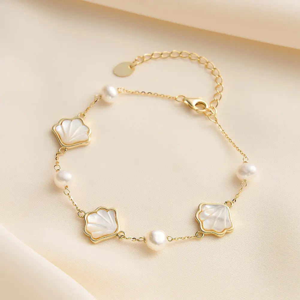 Cultured Freshwater Pearl 14K Gold Plated Natural Shell 925 Sterling Silver Bracelet TQ
