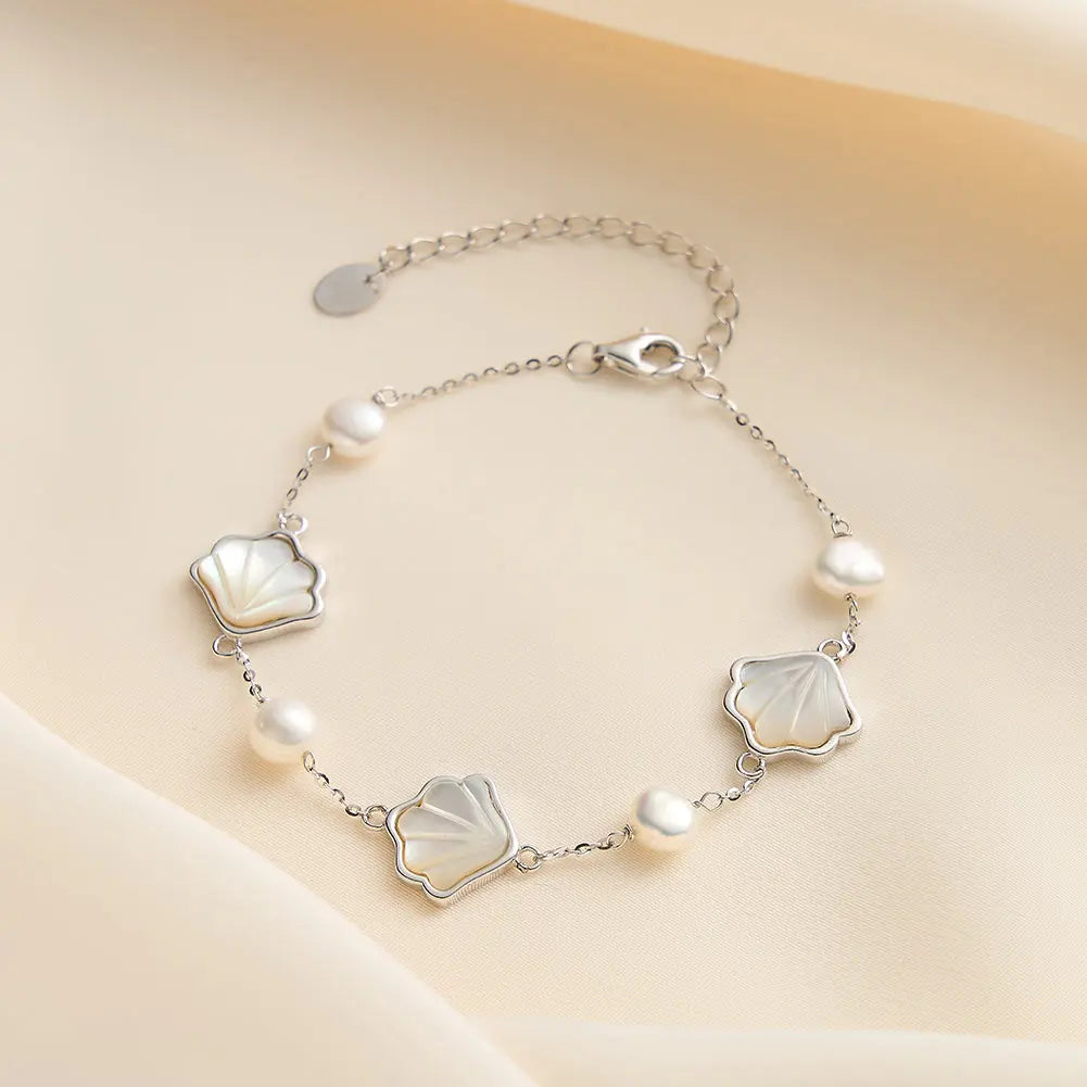 Cultured Freshwater Pearl 14K Gold Plated Natural Shell 925 Sterling Silver Bracelet TQ