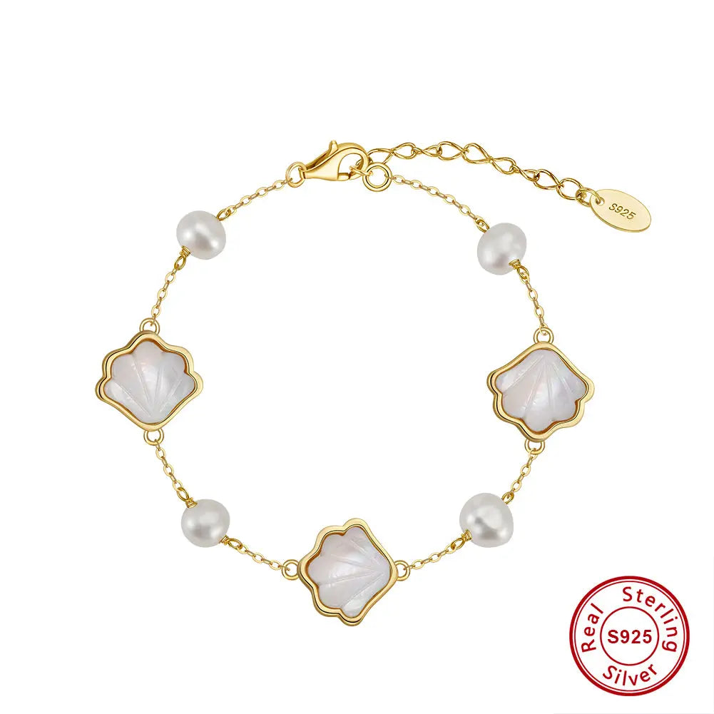 Cultured Freshwater Pearl 14K Gold Plated Natural Shell 925 Sterling Silver Bracelet TQ