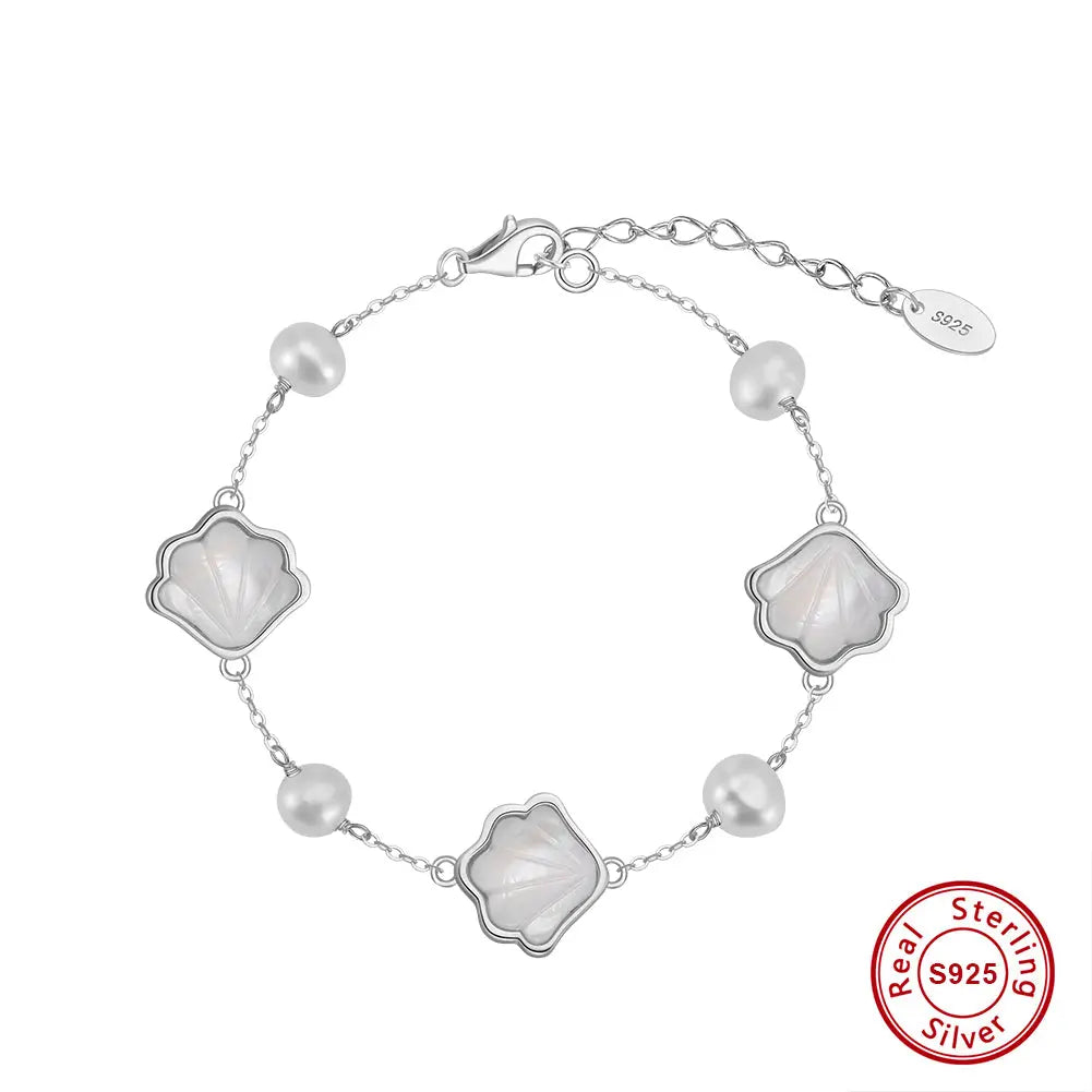 Cultured Freshwater Pearl 14K Gold Plated Natural Shell 925 Sterling Silver Bracelet TQ