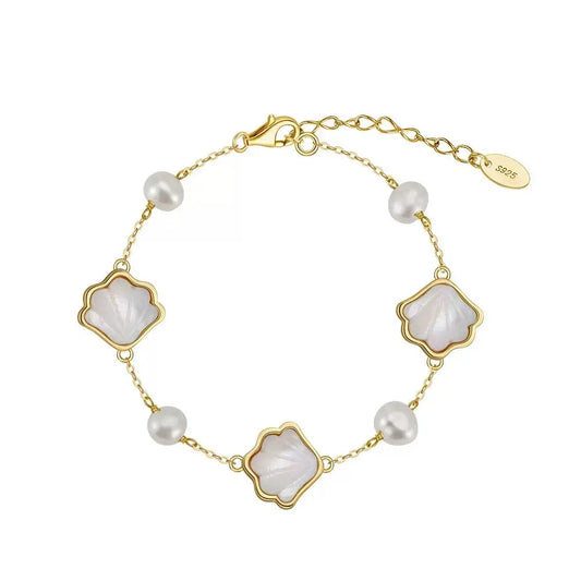 Cultured Freshwater Pearl 14K Gold Plated Natural Shell 925 Sterling Silver Bracelet TQ