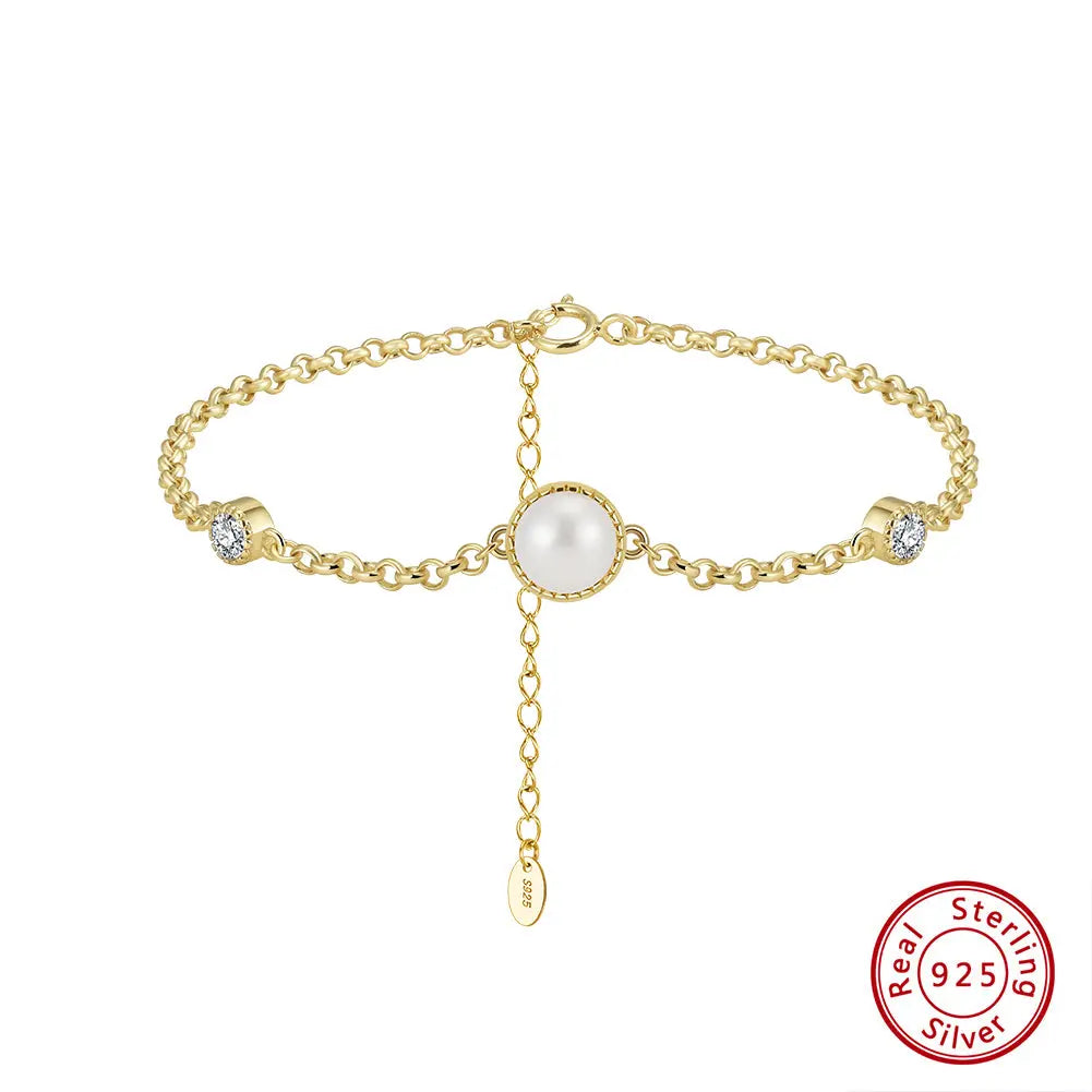Cultured Freshwater Pearl 14K Gold Plated 925 Sterling Silver Double Zircon Bracelet TQ