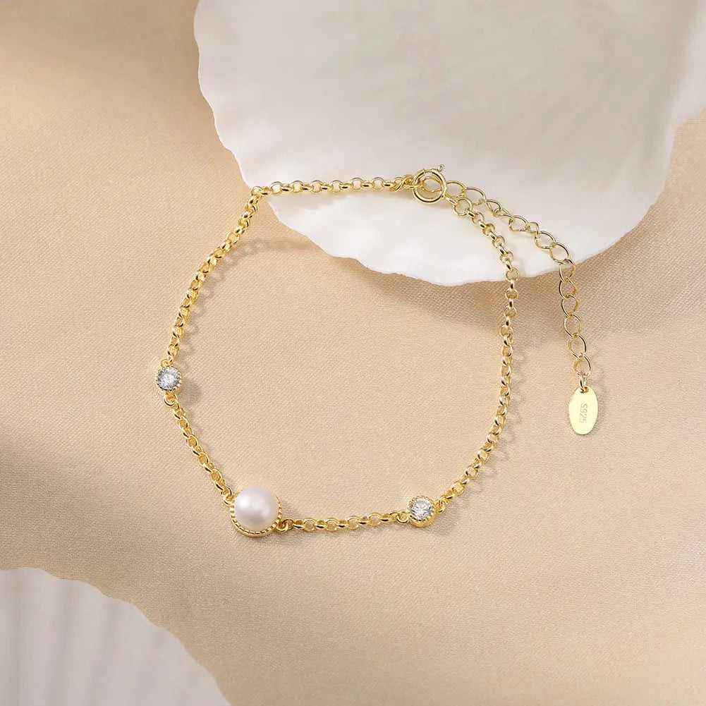 Cultured Freshwater Pearl 14K Gold Plated 925 Sterling Silver Double Zircon Bracelet TQ