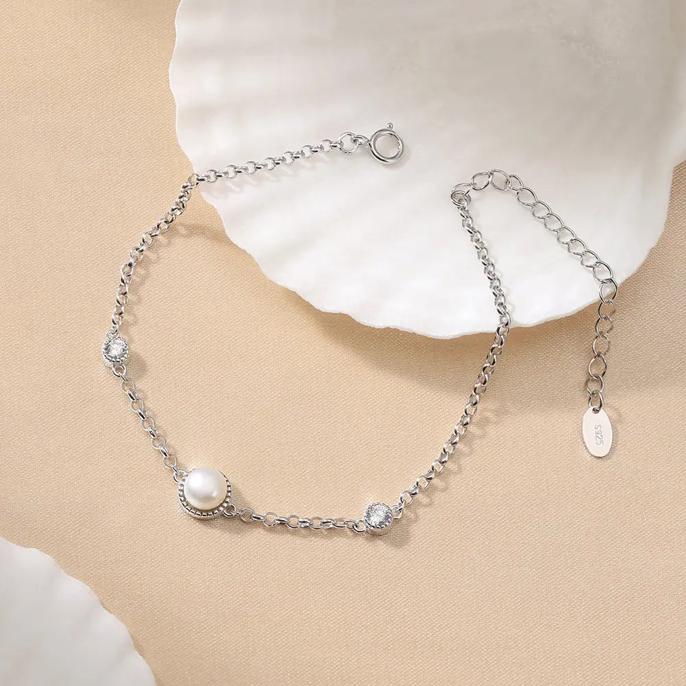Cultured Freshwater Pearl 14K Gold Plated 925 Sterling Silver Double Zircon Bracelet TQ