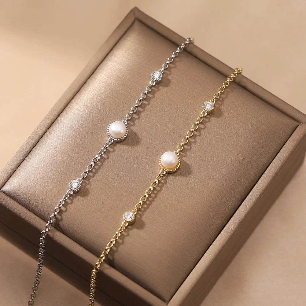 Cultured Freshwater Pearl 14K Gold Plated 925 Sterling Silver Double Zircon Bracelet TQ