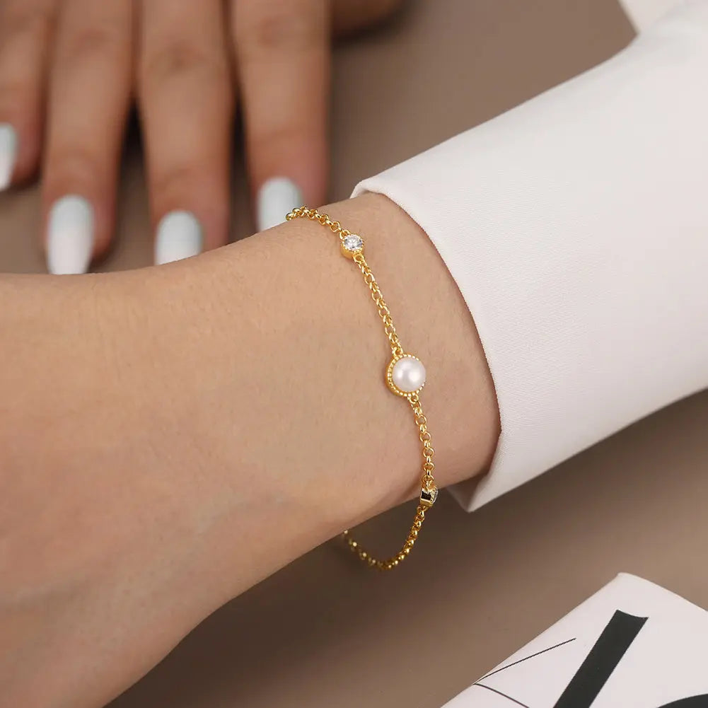Cultured Freshwater Pearl 14K Gold Plated 925 Sterling Silver Double Zircon Bracelet TQ