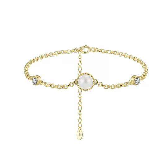 Cultured Freshwater Pearl 14K Gold Plated 925 Sterling Silver Double Zircon Bracelet TQ