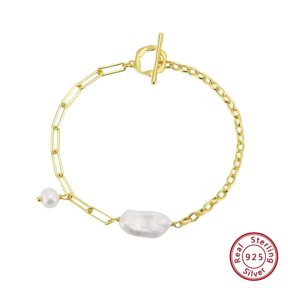 Cultured Freshwater Pearl 14K Gold Plated 925 Sterling Silver Baroque Bracelet TQ