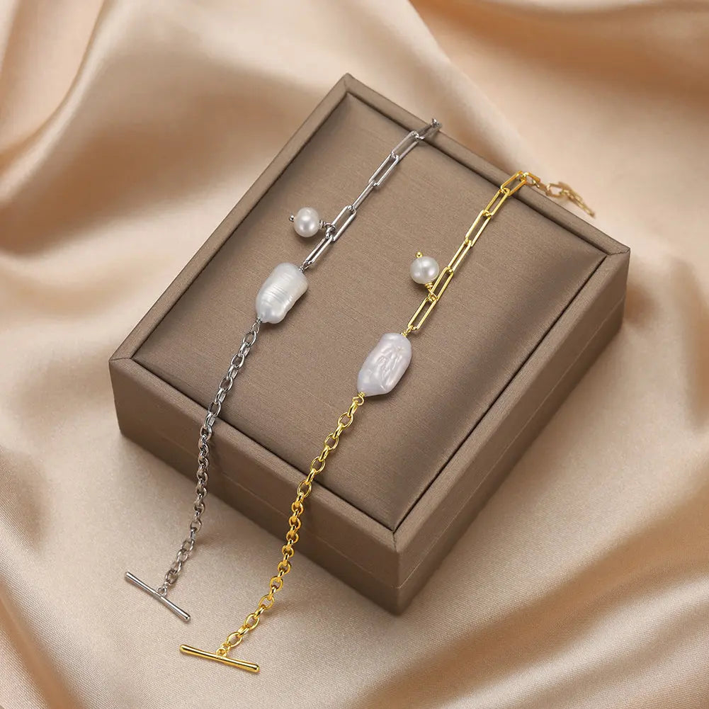 Cultured Freshwater Pearl 14K Gold Plated 925 Sterling Silver Baroque Bracelet TQ