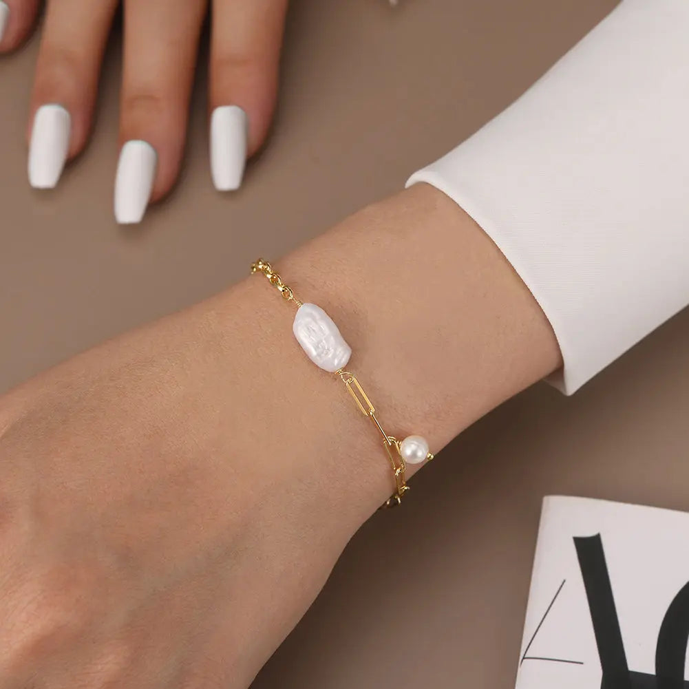 Cultured Freshwater Pearl 14K Gold Plated 925 Sterling Silver Baroque Bracelet TQ