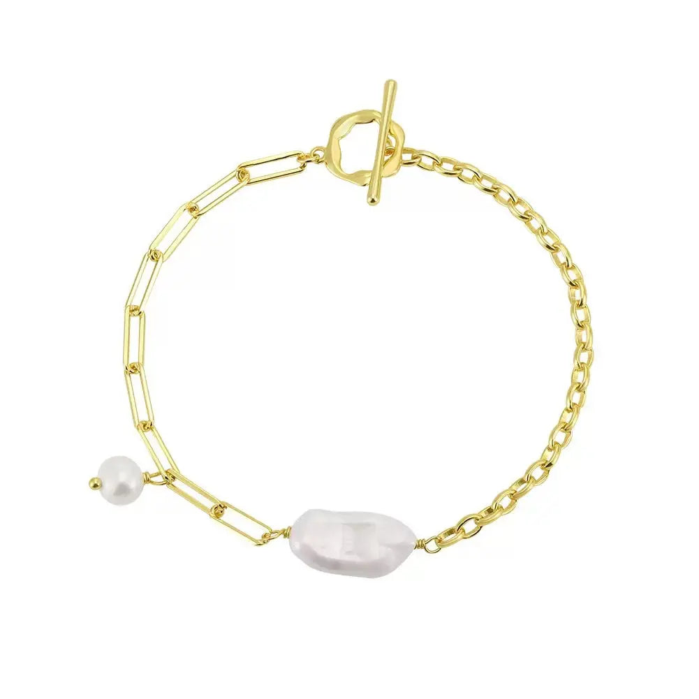 Cultured Freshwater Pearl 14K Gold Plated 925 Sterling Silver Baroque Bracelet TQ