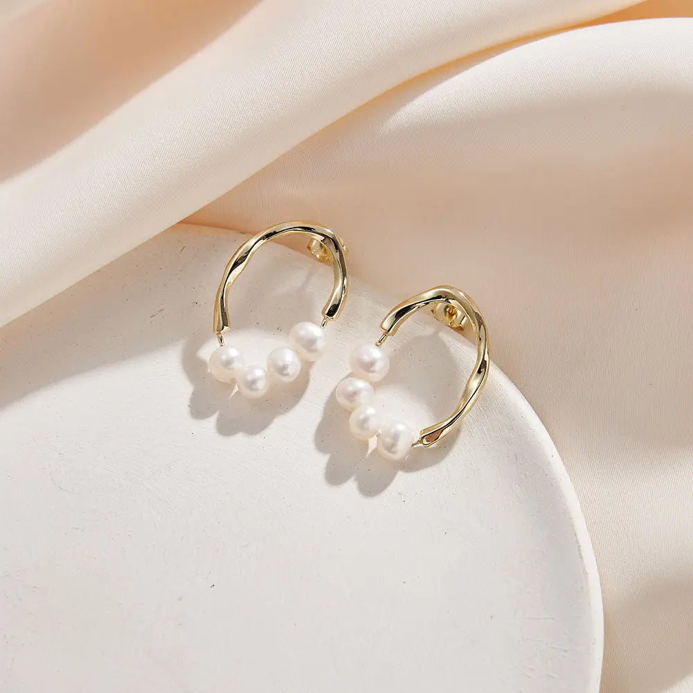 Freashwater Pearl 925 Sterling Silver 14K Gold Plated Large Hoop Earrings TQ