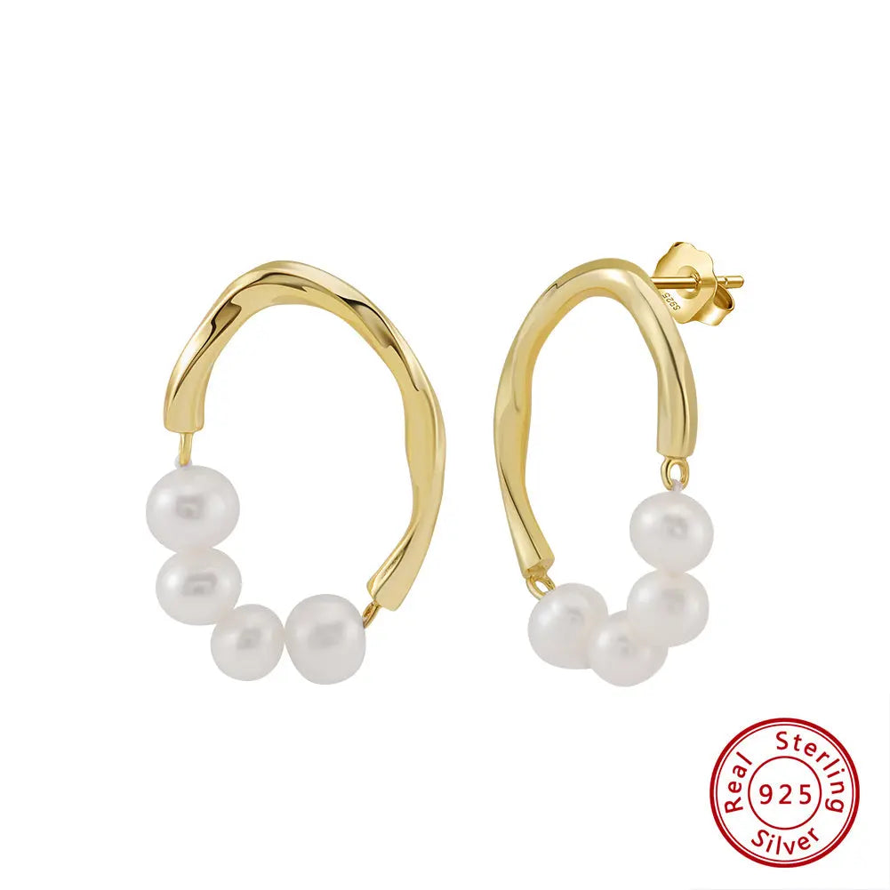 Freashwater Pearl 925 Sterling Silver 14K Gold Plated Large Hoop Earrings TQ