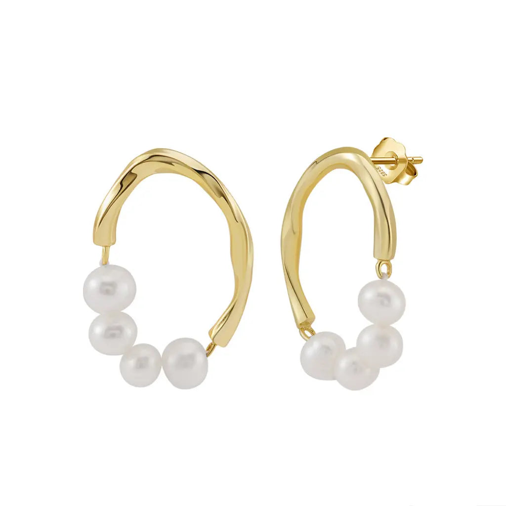Freashwater Pearl 925 Sterling Silver 14K Gold Plated Large Hoop Earrings TQ