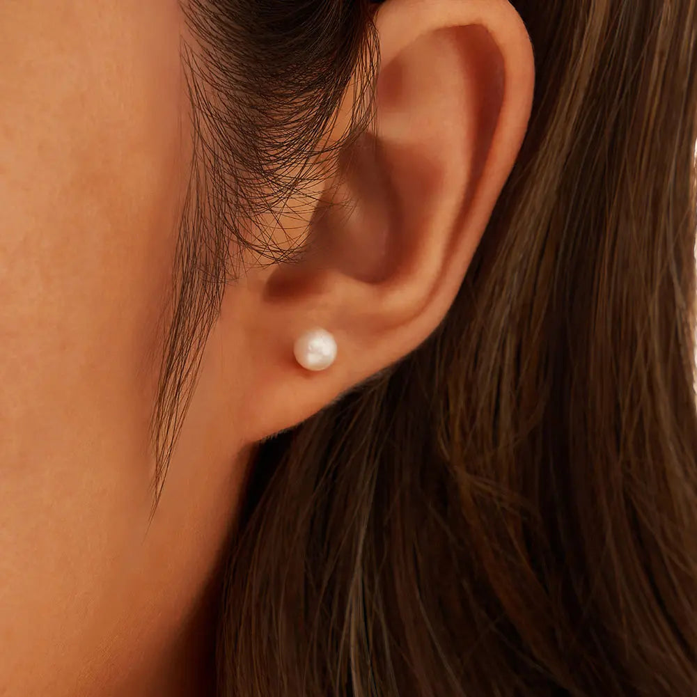 Freashwater Pearl 14K Gold Plated 925 Sterling Silver Perfect Round Pearl Earrings TQ