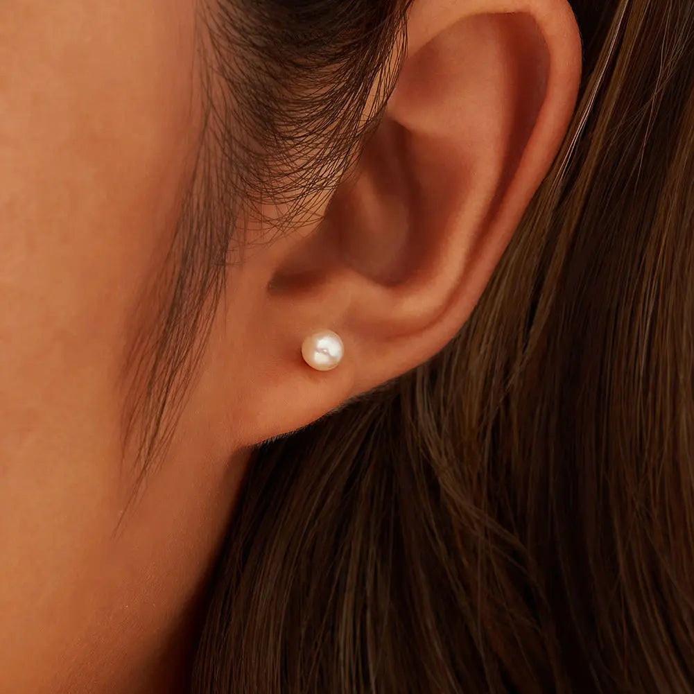 Freashwater Pearl 14K Gold Plated 925 Sterling Silver Perfect Round Pearl Earrings TQ