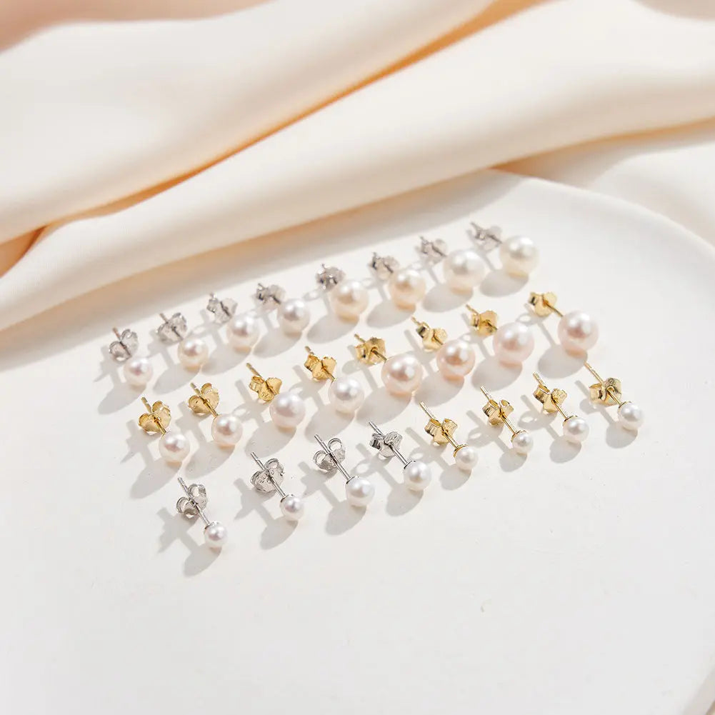 Freashwater Pearl 14K Gold Plated 925 Sterling Silver Perfect Round Pearl Earrings TQ