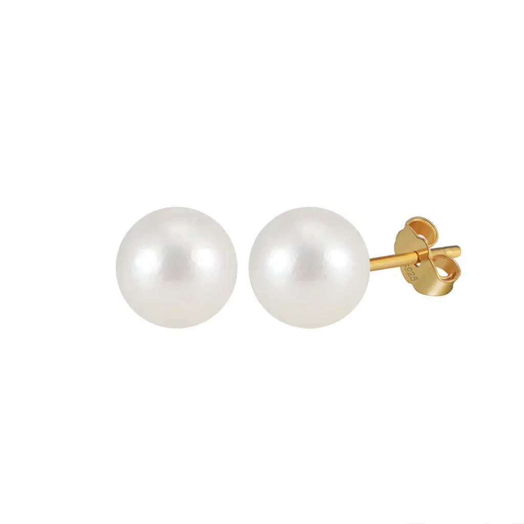 Freashwater Pearl 14K Gold Plated 925 Sterling Silver Perfect Round Pearl Earrings TQ