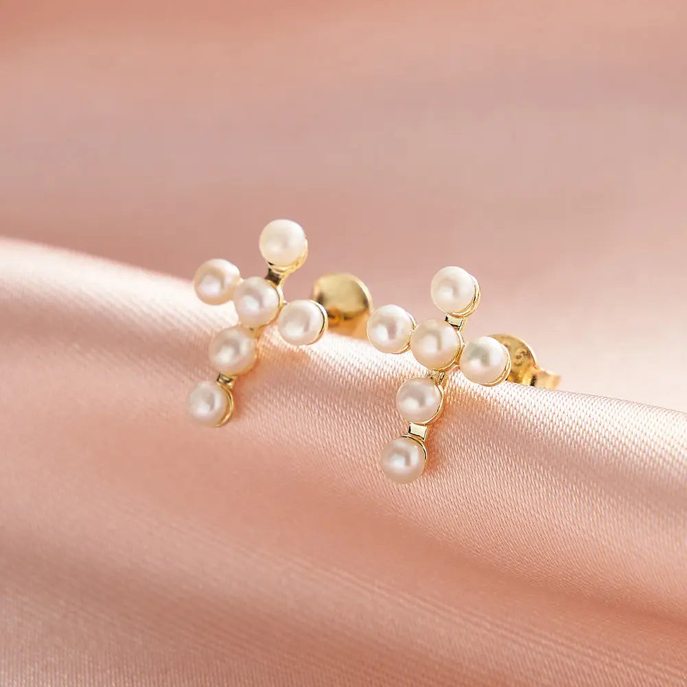 Cultured Freashwater Pearl 14K Gold Plated 925 Sterling Silver Cross Earrings TQ